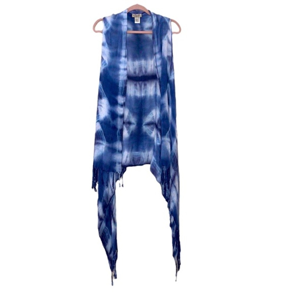 ONE WORLD Blue Tye Die Sleeveless Long Vest with Fringe One Size